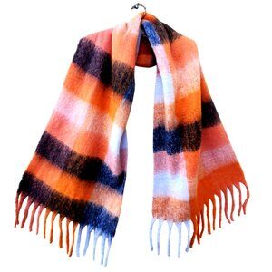 Cozy Wool Blend Shawl Winter Scarf Fringe Orange Black White 75 x 20 In Chunky